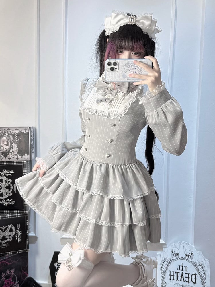 Gray Striped Ryousangata Two-Piece Set with Tiered Ruffle Dress, Bows, Lace & Bloomers - Virtual Paradise