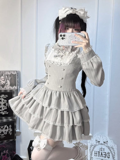 Gray Striped Ryousangata Two-Piece Set with Tiered Ruffle Dress, Bows, Lace & Bloomers - Virtual Paradise