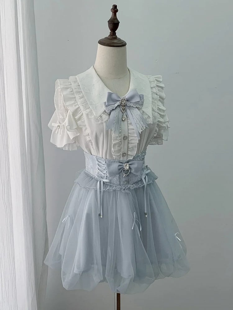 Blue Bubble Skirt with Detachable Rhinestone Bow - Ekomi