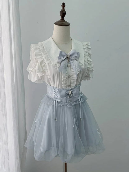 Blue Bubble Skirt with Detachable Rhinestone Bow - Ekomi