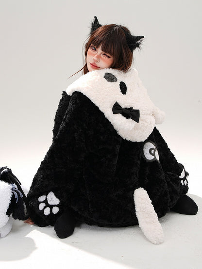 Schwarzer Fleece-Kapuzenpullover mit süßem Katzenkopf und Reißverschluss