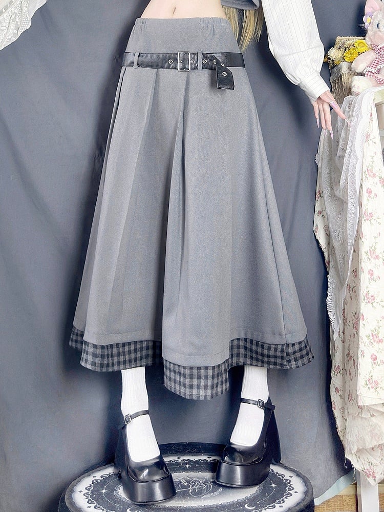 Hem Skirt Set - Belt Patchwork Waist Gray Prppy Elastic Plaid Pleated Style