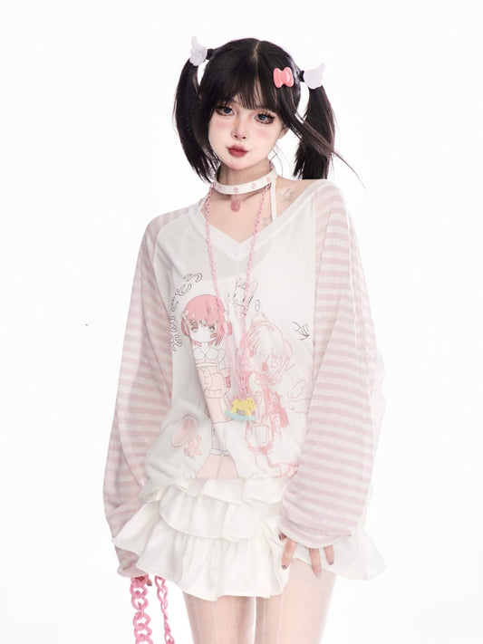 Sleeves V-Neck Cartoon Girl Print Semi-Sheer Coverup Striped Blue/Pink