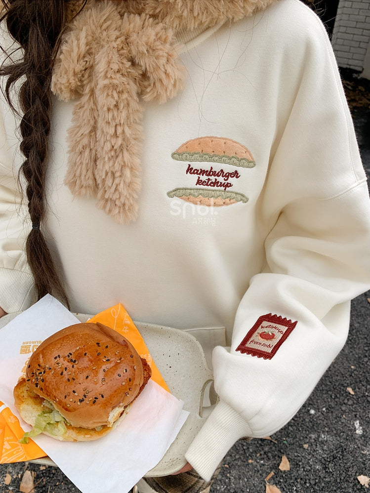 Süße Capybara Burger Applikation Beige Dickes Sweatshirt