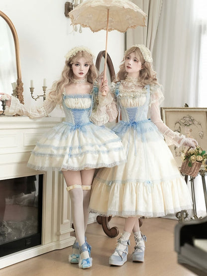 Neckline Blue Waist Full and Beige Lolita Versatile Fit JSK Set Light Slim
