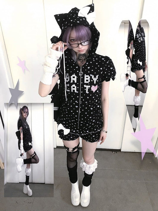Bow Patterns Black with Large Heart Detachable Hoodie Cat-Ear Paw