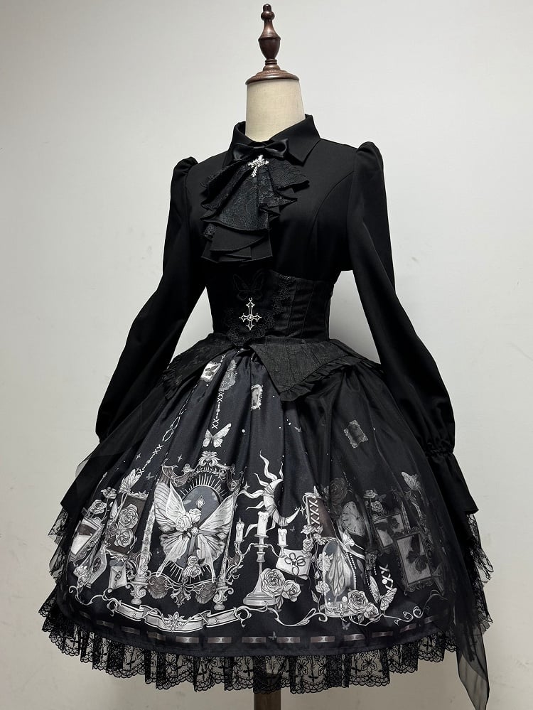 Lolita Long Sleeves with Jabot Black Detachable Shirt Gothic