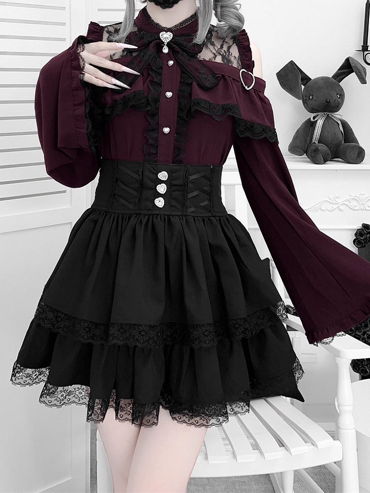 Sleeves Shoulders with Jirai Top Bell Set: Red Wine Open Kei Three-Piece