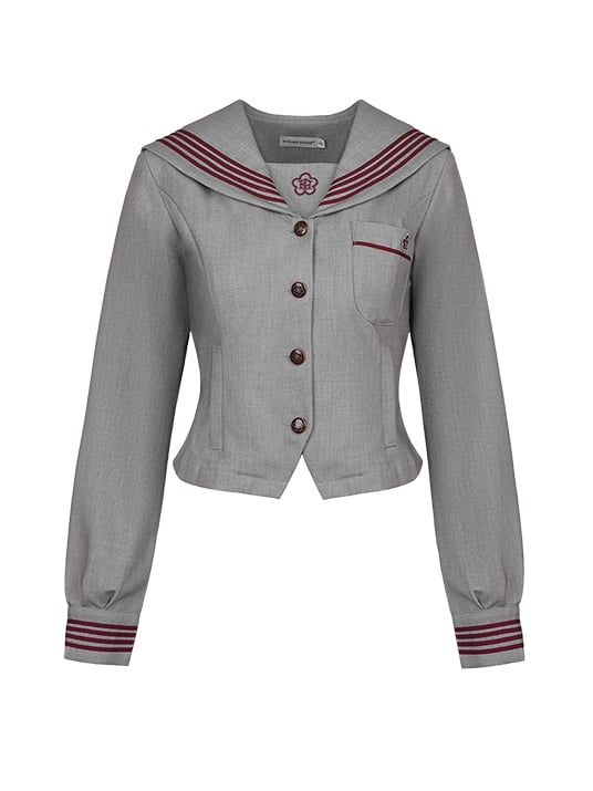 袖付きグレーロングブラウスセーラーJK刺繍襟制服花柄