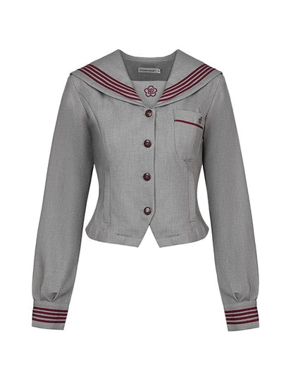 袖付きグレーロングブラウスセーラーJK刺繍襟制服花柄