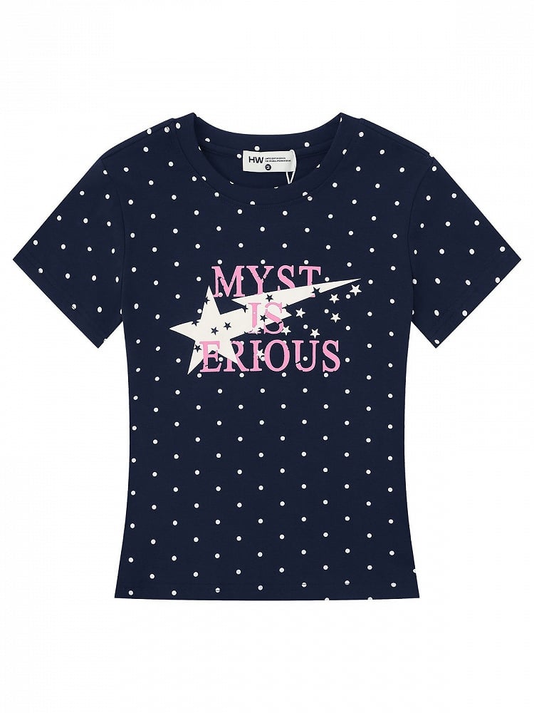 Navy Fitted Tee with Polka Dot & Letter Graphic - Languid Park