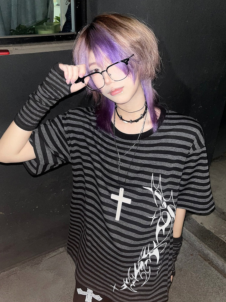 Print Decorative T-Shirt Chic Black with Gray Striped