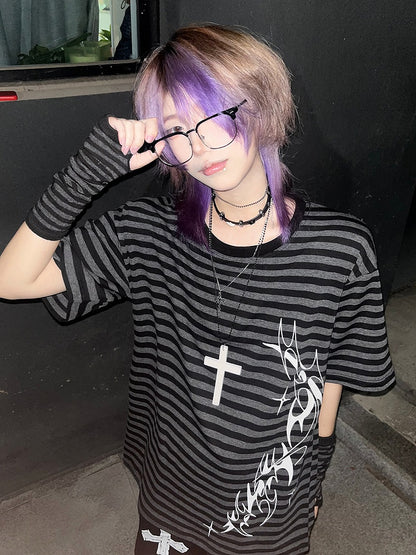 Print Decorative T-Shirt Chic Black with Gray Striped