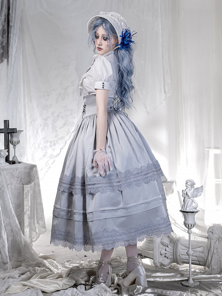 Shirt Sleeves High Pin Neck Jabot and Bow White with Detachable Short
