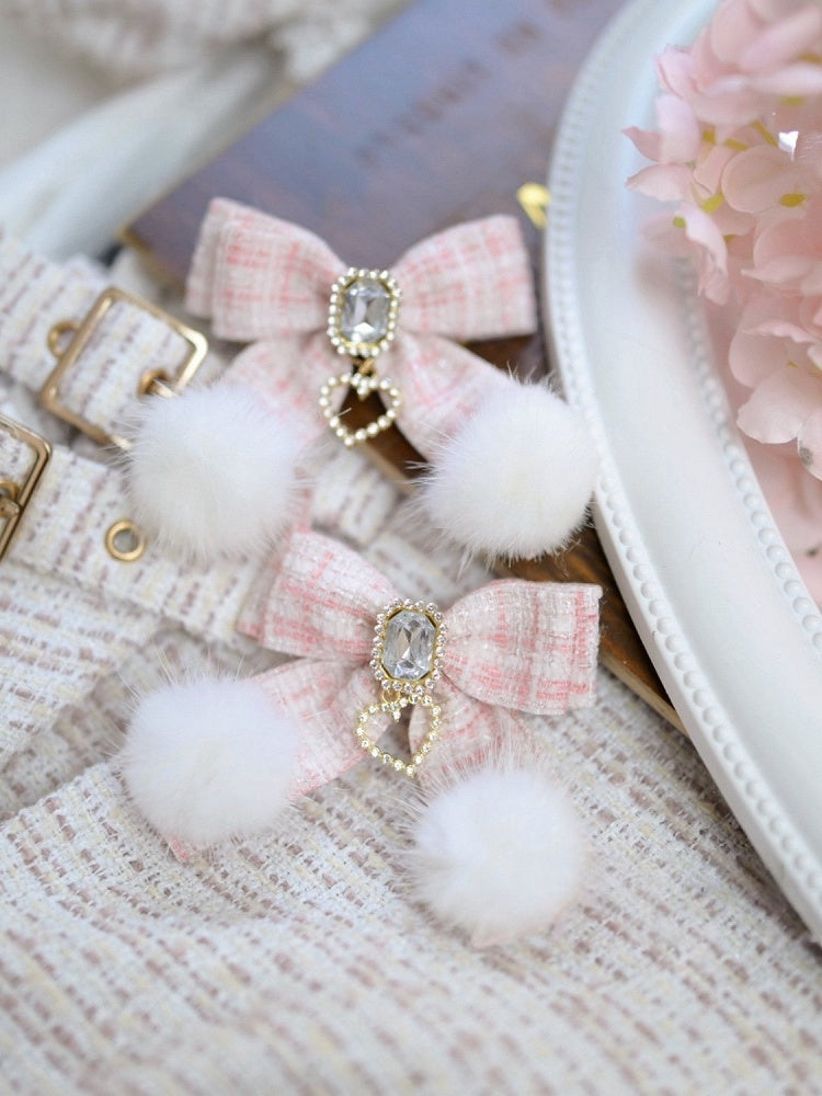 Charm Kei Clip with Heart Tweed Pom-pom Hair Bow Colors 4 Jirai