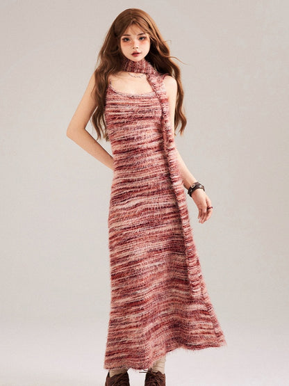 Hem Slip Dress Fringe Pink Striped Red Matching with Scarf Knit