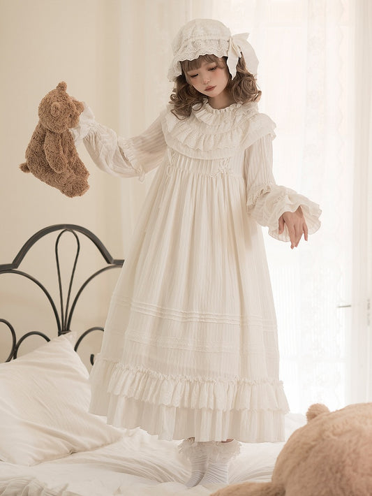 Shiro Sleeves Ruffled All Lolita Neck Layered White Long Dress Hemline Ruffle
