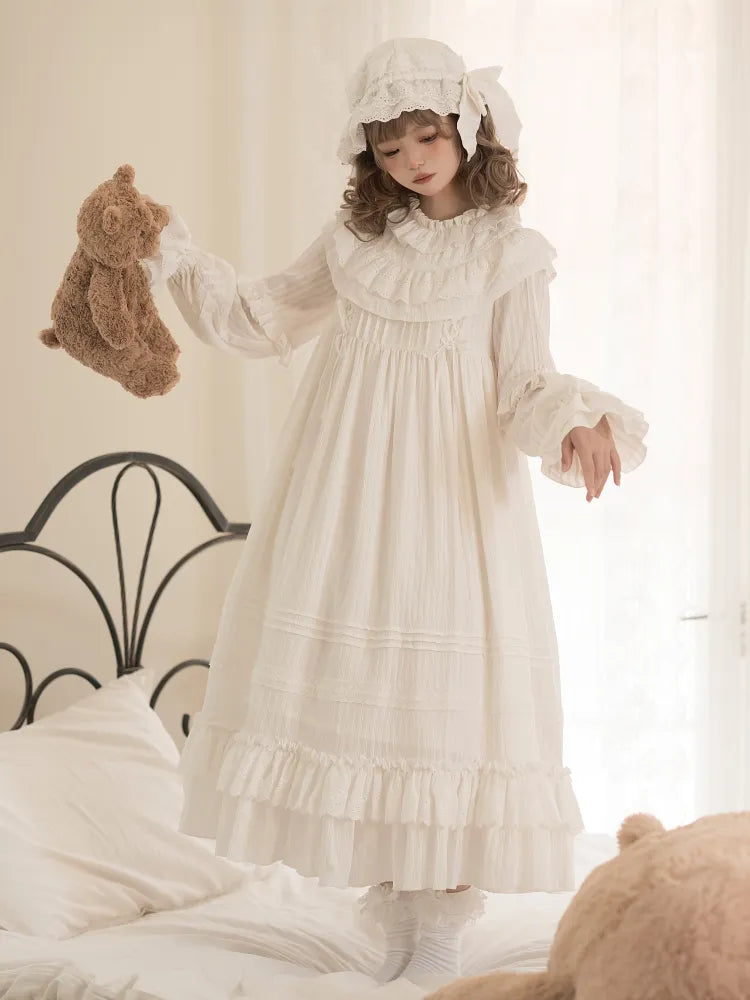 Neck All Ruffled Sleeves Long White Shiro Lolita Layered Ruffle Hemline Dress