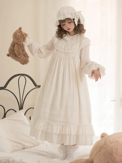 Neck All Ruffled Sleeves Long White Shiro Lolita Layered Ruffle Hemline Dress