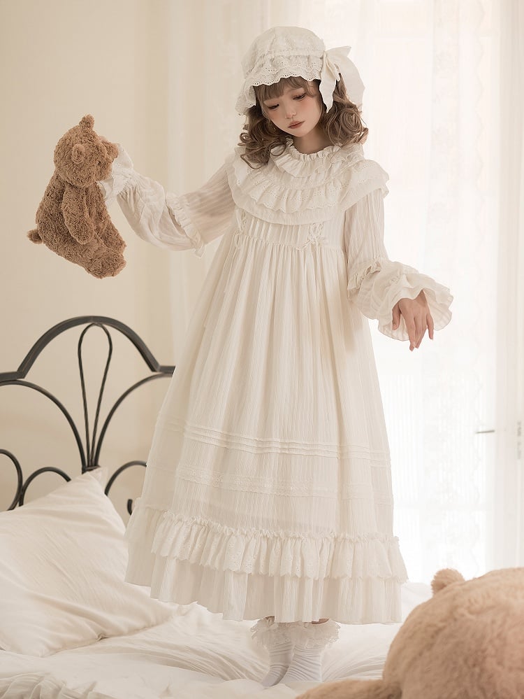 Ruffled Neck Layered Hem Shiro Lolita Dress - sanshanjiu