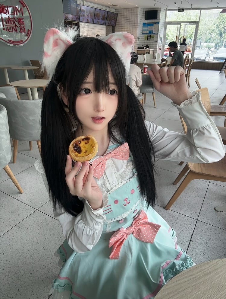 Soft Mint Green Adorable Cat Embroidered Overall Dress / White Sailor Collar Blouse