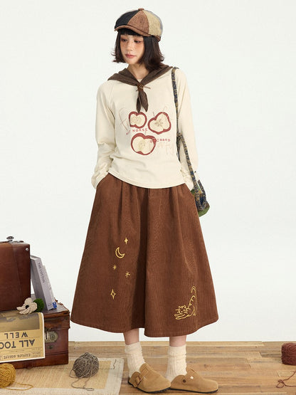 T-shirt manches longues à imprimé pomme Kawaii beige