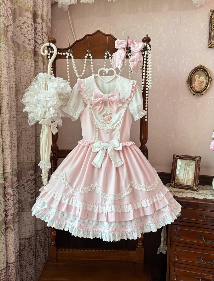 Süßes Lolita-Kleid mit gewelltem Rand und Erdbeerstickerei, Hellrosa JSK