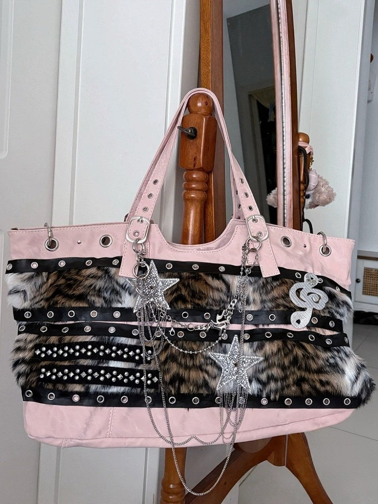 Pink Plush Y2K Tote with Star & Music Notes - Black Cherry Sauce