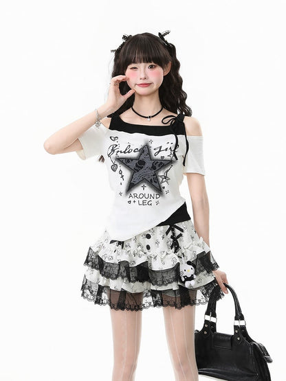 Zweiteiliges Top mit Sternstickerei Schwarz/Weiß Faux Asymmetrisch Off-Shoulder