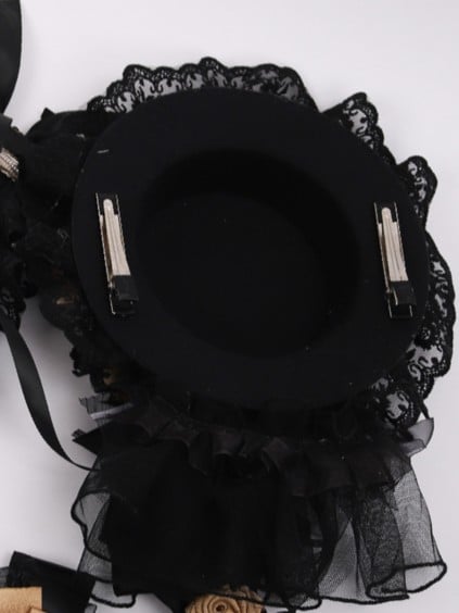 Black Hat Lace Mini Lolita and Accents Feather Bow with Gold