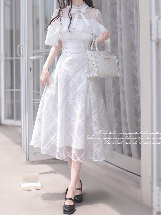 Lace-up High Waist Skirt with Plaid Clean Overlay Aesthetic White Innocent