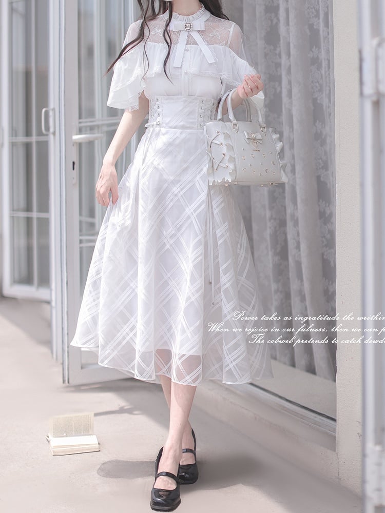 Innocent White Clean Cape Design Top Aesthetic Illusion Neckline and Trim Lace with