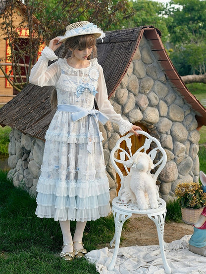 Blue Flower & Lamb Print Embroidered Neckline Lolita JSK Dress - Miss Point