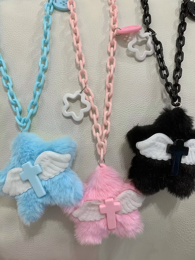Schwarz/Rosa/Blau Plüsch Stern Flügel Kreuz Anhänger Halskette