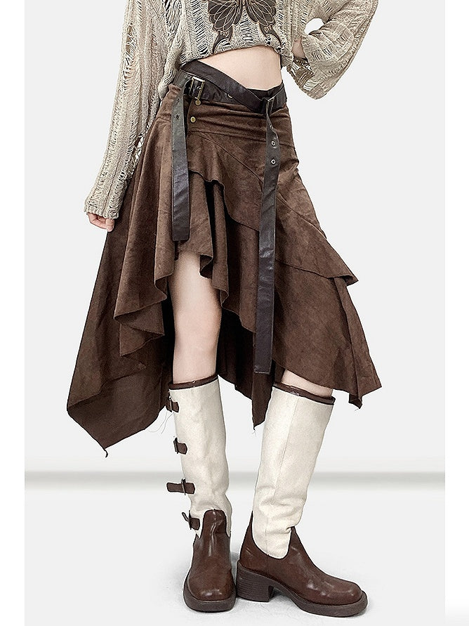 コーヒーヘムウェイストランドアシンメトリースカートブラウンパンク