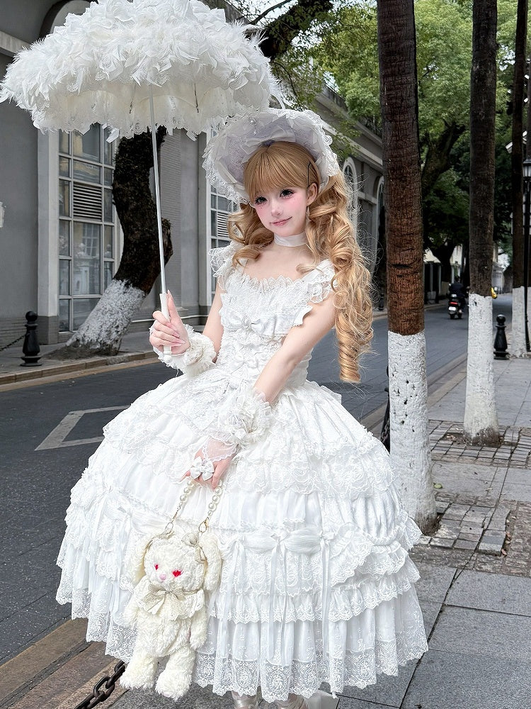 White Hanayome Lolita JSK with Bows & Lace Trim - White Sugar Girl