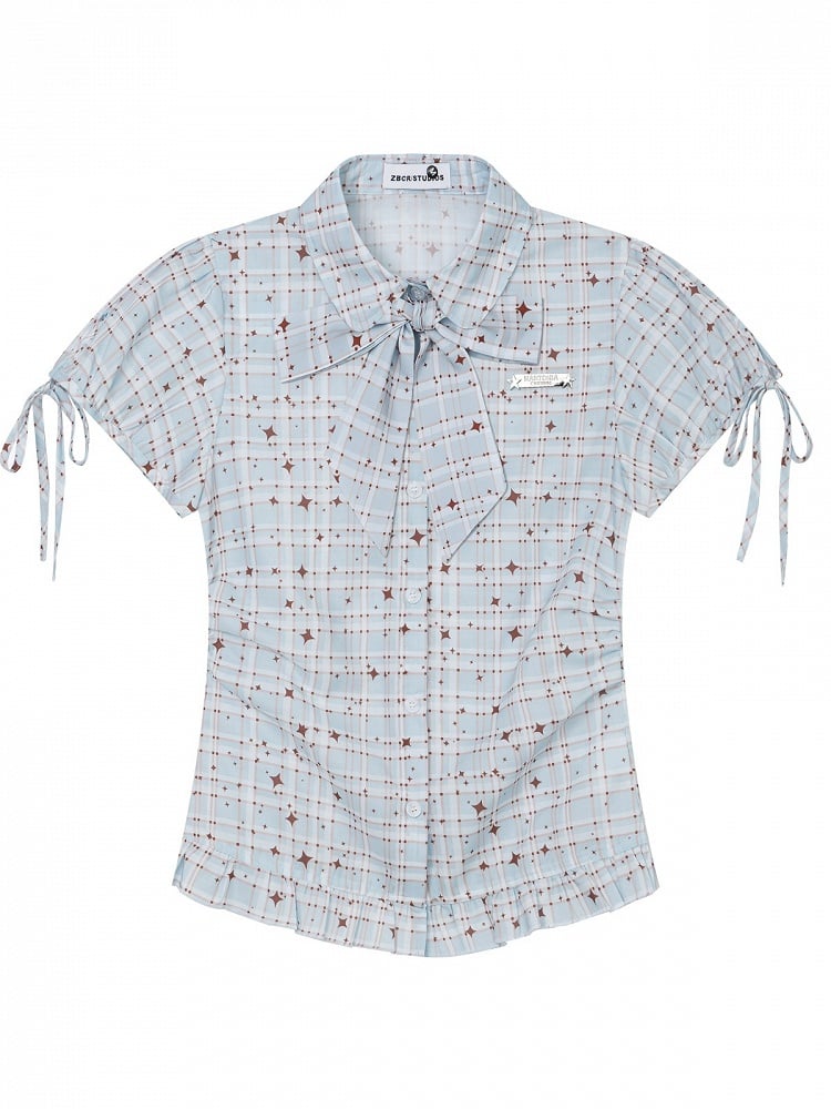 Blue Kawaii Star Plaid Short Sleeve Shirt with Bow - Languid Park