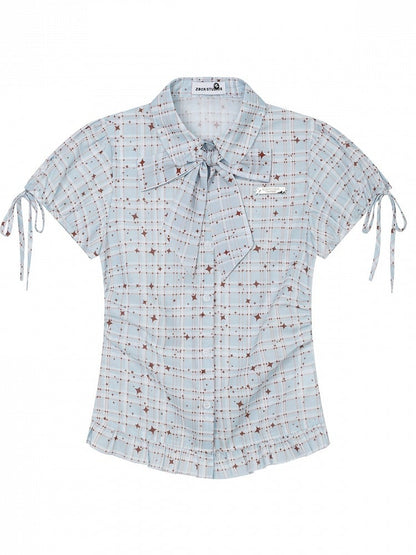 Blue Kawaii Star Plaid Short Sleeve Shirt with Bow - Languid Park