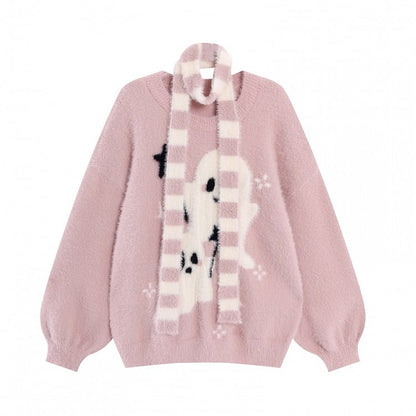 Ghost Sweater Pattern Scarf Striped with Pink/Black/Red Kawaii
