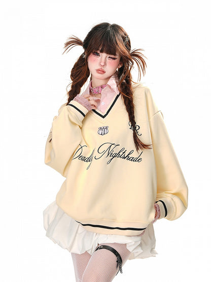 Aprikose/Pink Polokragen Buchstabenstickerei Frühlings-Sweatshirt Kunst-Zweiteiler