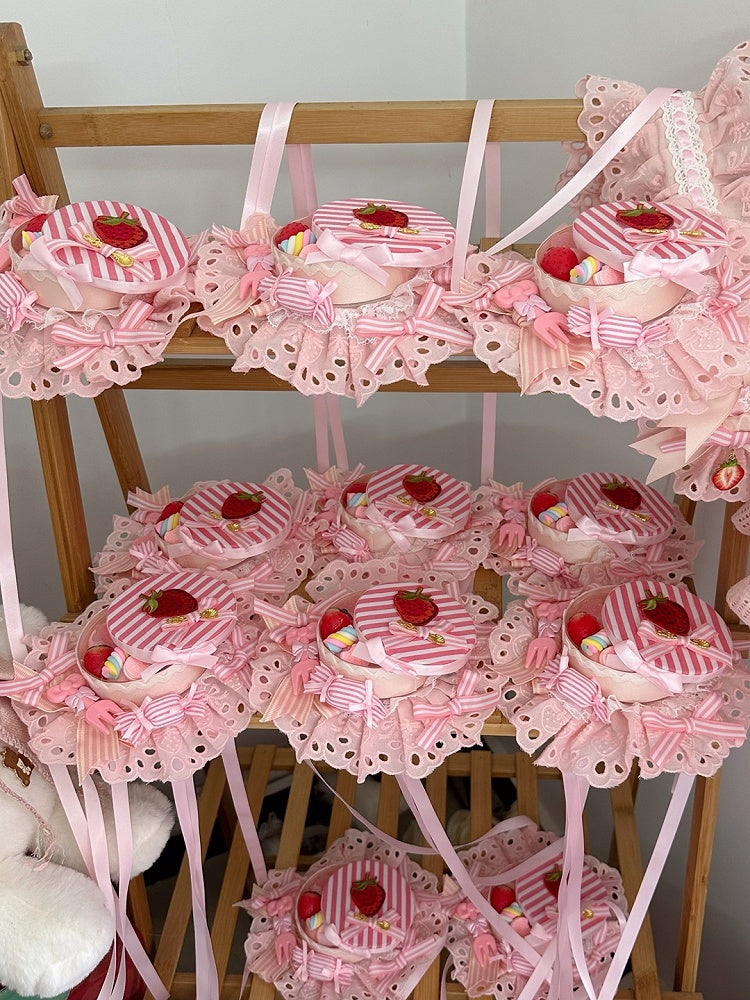 with Lolita and Striped Hairclip Embroidery Strawberry Pink Bow Candy Box White