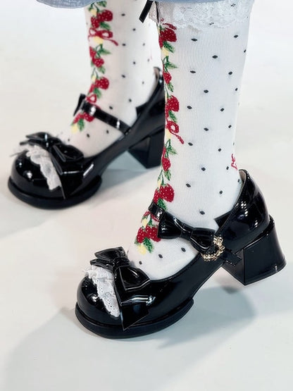 with Trim Details Bow Heel Mary Janes Lace Toe Round Black Low/Mid Lolita - Sweet
