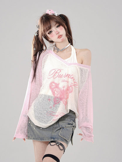 Butterfly-Letter Set Pink Sheer White Top Print Halter