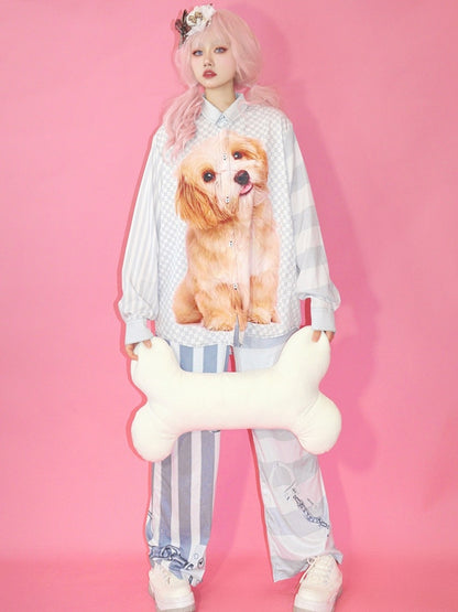 And Print Pattern Puppy Gyaru Fashion Striped Checked Gray Shirt