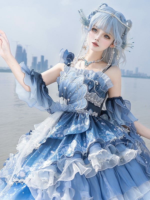Ruffles Accents Lolita Jellyfish-Inspired Blue Full Set Dress and Bead Gradient with Layered
