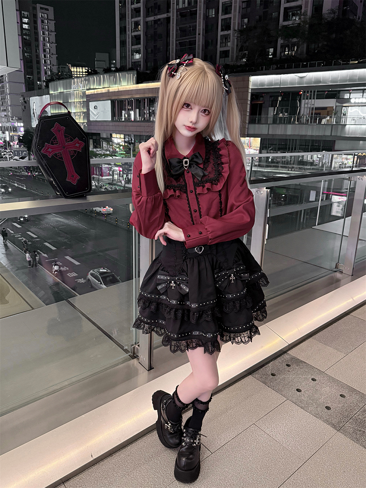 High-Waisted Skirt with Tiered Cross-Stitch Lace  Leather Strap Jirai Kei Black