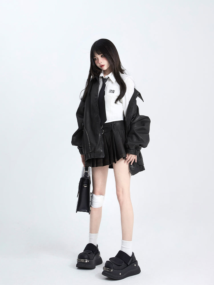 Mid-Rise Accents Spicy A-Line Metallic Black Chic PU Skirt Edgy Pleated with