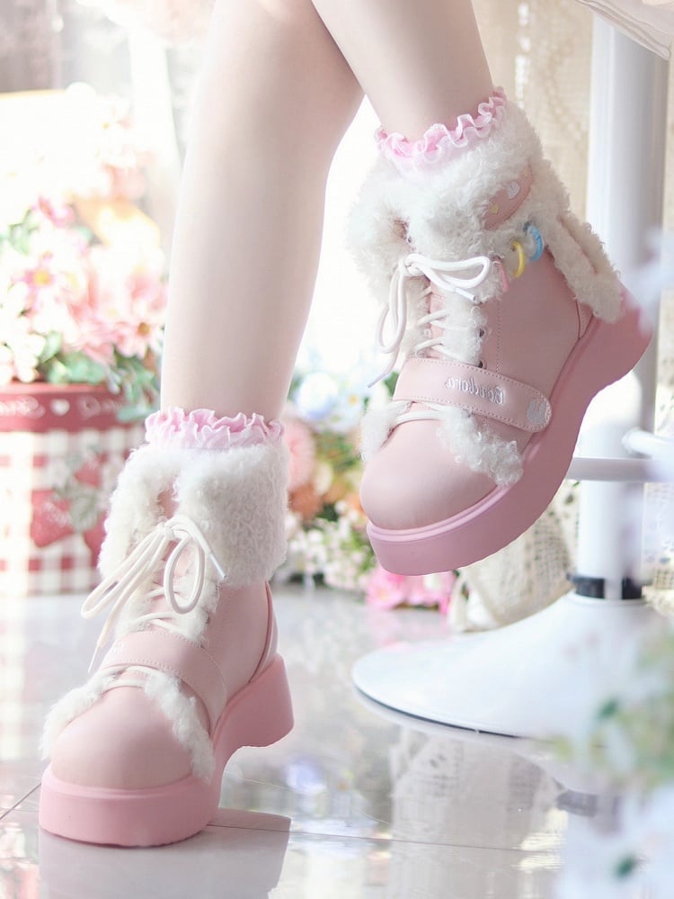 Boots - Bunny Ears Velcro Dual Sweet Lolita Lace Pink Platform Ankle with Plush Design