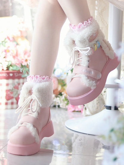 Boots - Bunny Ears Velcro Dual Sweet Lolita Lace Pink Platform Ankle with Plush Design