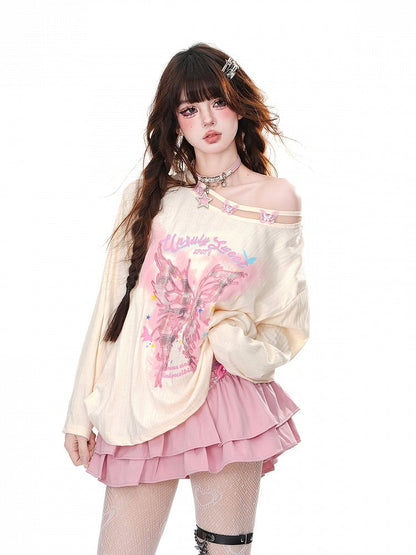 Pink/Apricot Asymmetrical Neckline Butterfly Loose Graphic Top